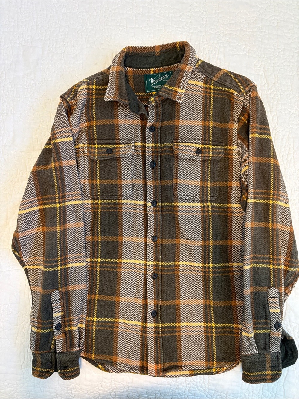 Woolrich Green label Brown Plaid Shirt Jacket with Yellow & Orange Accents
